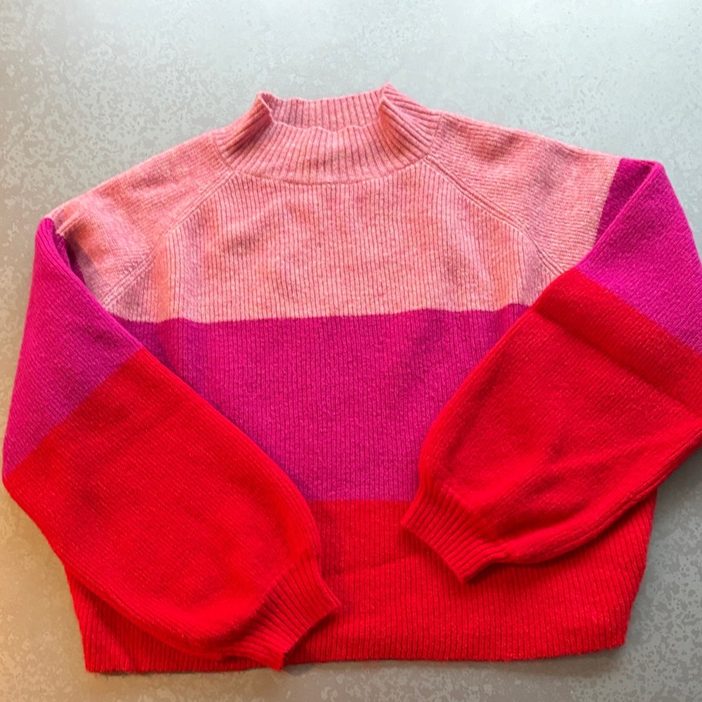Aqua Pink and Red Colorblock Turtleneck Sweater